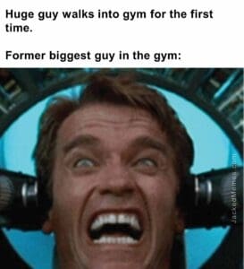 Huge guy walks into gym for the first time.   former biggest guy in the gym