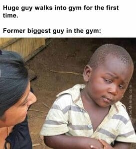 Huge guy walks into gym for the first time.   former biggest guy in the gym