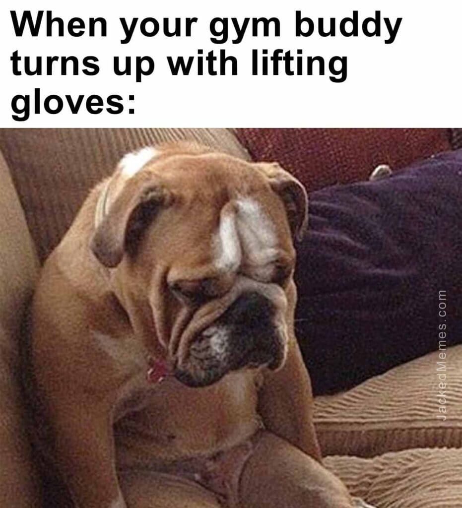 When your gym buddy turns up with lifting gloves