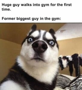 Huge guy walks into gym for the first time.   former biggest guy in the gym