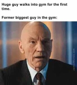 Huge guy walks into gym for the first time.   former biggest guy in the gym