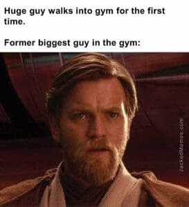 Huge guy walks into gym for the first time.   former biggest guy in the gym