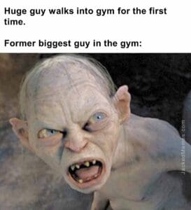 Huge guy walks into gym for the first time.   former biggest guy in the gym