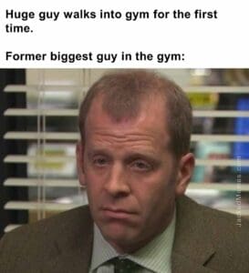 Huge guy walks into gym for the first time.   former biggest guy in the gym