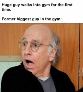 Huge guy walks into gym for the first time.   former biggest guy in the gym