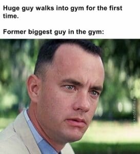 Huge guy walks into gym for the first time.   former biggest guy in the gym