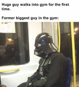 Huge guy walks into gym for the first time.   former biggest guy in the gym