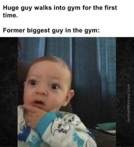 Huge guy walks into gym for the first time.   former biggest guy in the gym