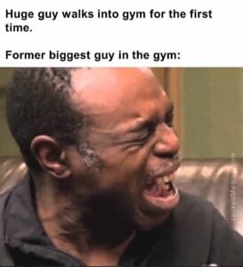 Huge guy walks into gym for the first time.   former biggest guy in the gym