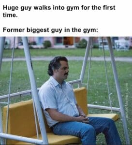 Huge guy walks into gym for the first time.   former biggest guy in the gym