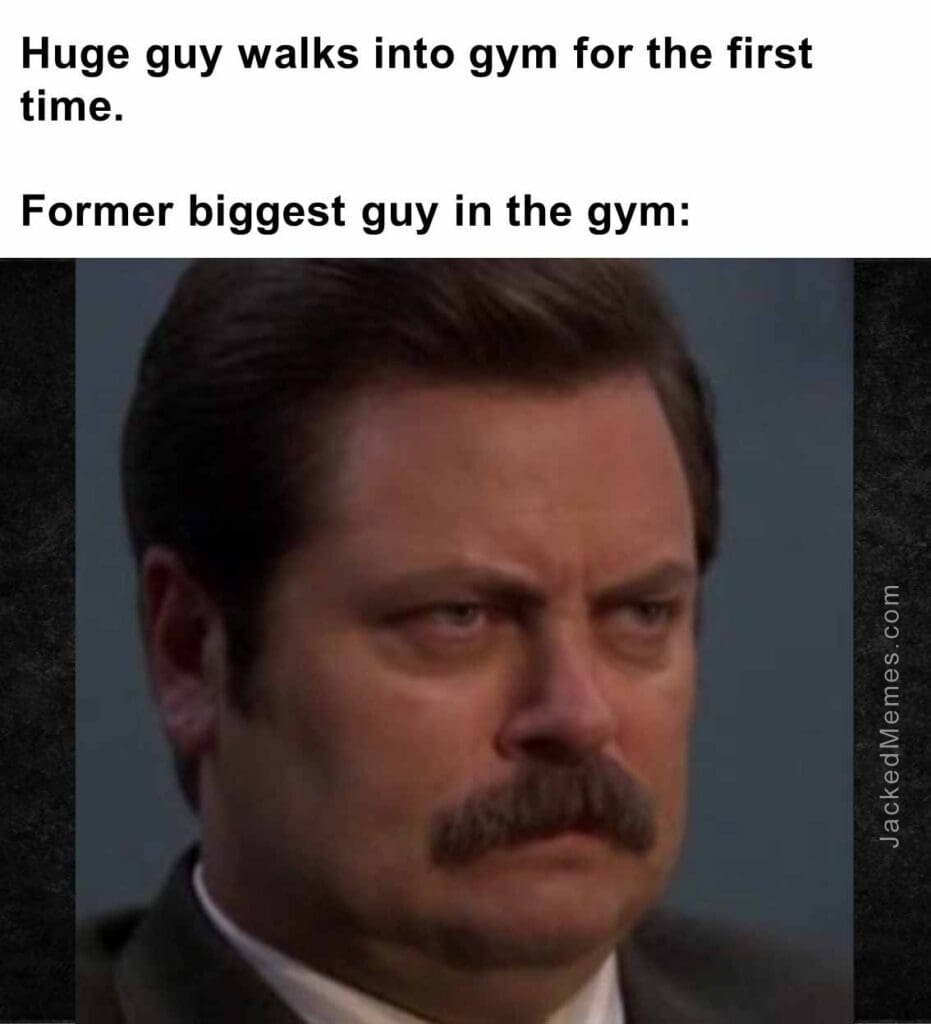 Huge guy walks into gym for the first time.   former biggest guy in the gym